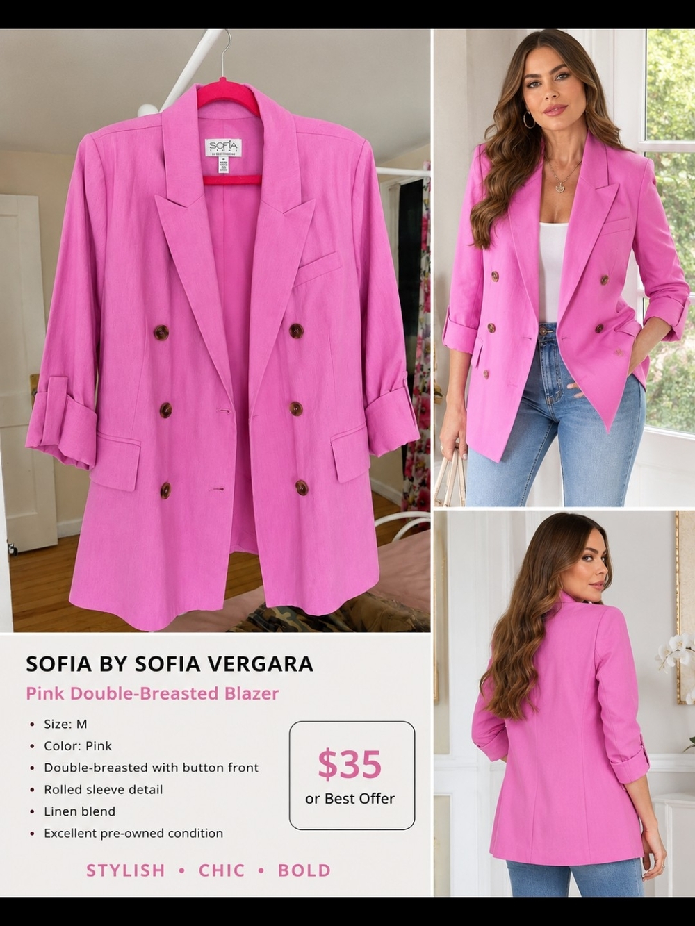 sofia by sofia vergara Bright Pink Double-Breasted Blazer